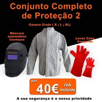 Conjunto de proteção com máscara automática preta, casaco cinza e luvas vermelhas grandes