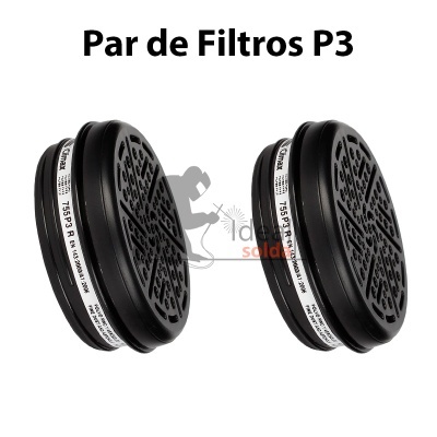 Par de filtros P3 redondos pretos com texto na borda e fundo branco