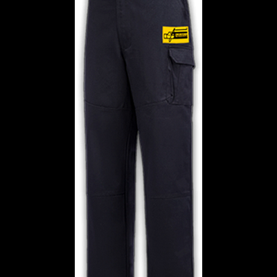 Calças de trabalho pretas com etiqueta amarela e bolsos laterais