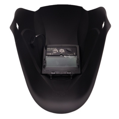 Pantalla de soldadura negra con visor y controles visibles