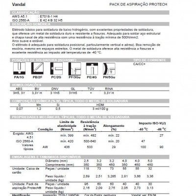 Ficha técnica do eletrodo básico Vandal da Lincoln Electric com detalhes técnicos e especificações