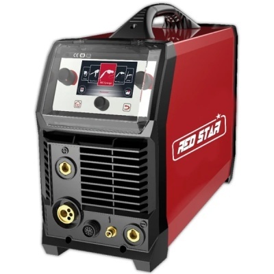 Máquina de soldar portátil vermelha e preta RED STAG com ecrã digital e conectores frontais