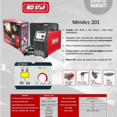 Máquina de soldar MiniArc 201 da Red Star com embalagem e folha de especificações.