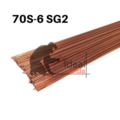 Varas de soldadura cobre com texto '70S-6 SG2' e logotipo 'Ideal'