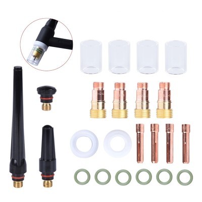 Conjunto de acessórios para soldadura com peças pretas, bocais de cobre, ecrãs transparentes e argolas brancas e verdes