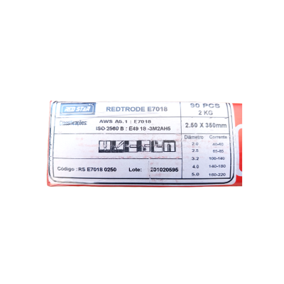 Etiqueta de embalagem de eletrodos de soldadura REDRODE E7018 com especificações e tabela de diâmetro e corrente