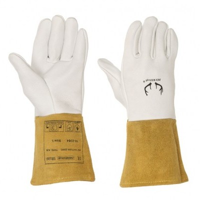 Luvas de proteção com punhos em couro amarelo e parte superior branca