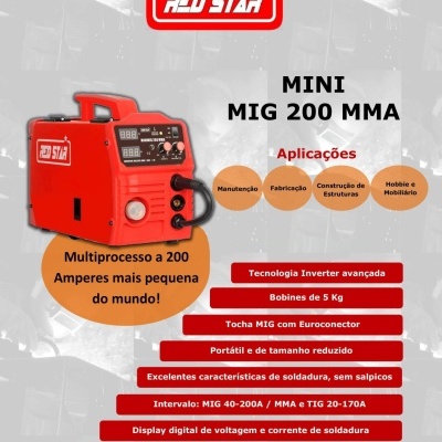 Máquina de soldar vermelha Red Star Mini MIG 200 MMA com display digital