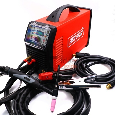 Máquina de soldar vermelha e preta com cabos e acessórios