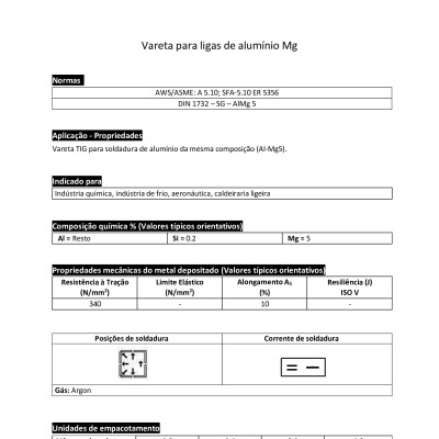 Documento técnico com especificações de vareta para ligas de alumínio Mg