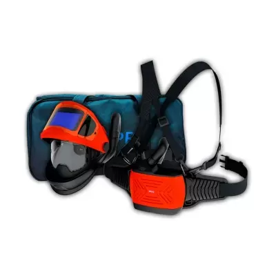 Máscara de soldadura vermelha e preta com arnês e bolsa azul