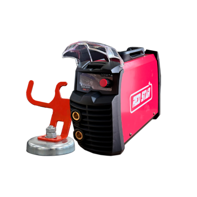 Máquina de soldar portátil vermelha com botão vermelho e suporte metálico