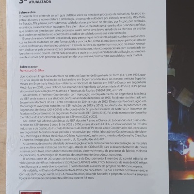 Livro Tecnologia da Soldadura com texto informativo na contracapa