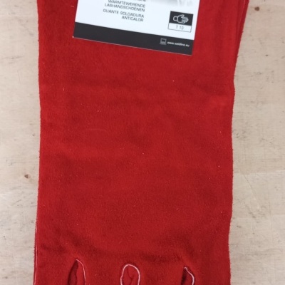 Luva vermelha para soldadura com etiqueta da Weldline