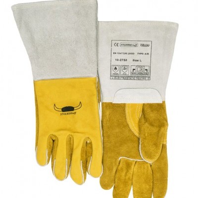 Par de luvas de proteção em couro amarelo com reforço cinza e etiquetas de certificação