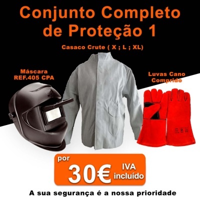 Conjunto de proteção com máscara preta, casaco crú e luvas vermelhas com texto promocional