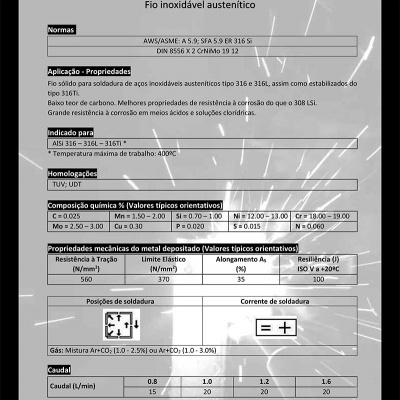 Tabela técnica de fio inoxidável austenítico para soldadura com várias especificações e propriedades.