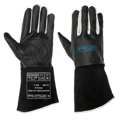 Par de luvas de proteção pretas com punhos compridos e etiquetas técnicas