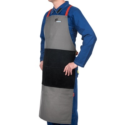 Avental cinza e preto com tiras vermelhas e logótipo DEKO