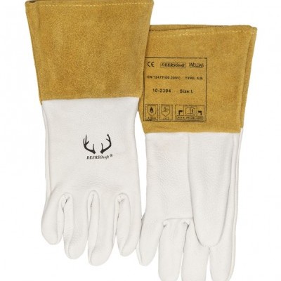 Par de luvas de trabalho DEERSoft em couro branco e camurça castanha com texto impresso