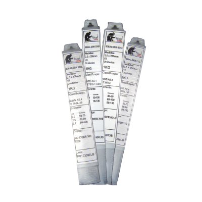 Pacotes de eletrodos de soldadura Ideal Solda com etiquetas detalhadas