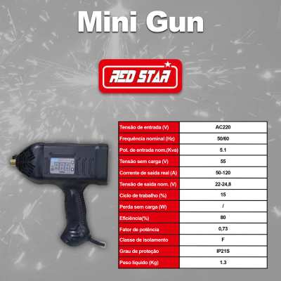 Pistola elétrica preta Mini Gun da RED STAR com tabela técnica