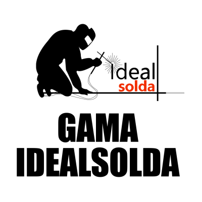 Logotipo com soldador e texto Ideal solda e GAMA IDEALSOLDA em fundo branco