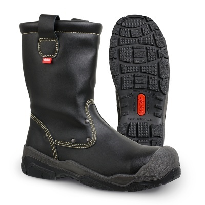 Bota de trabalho preta em pele com sola preta antiderrapante e etiqueta vermelha