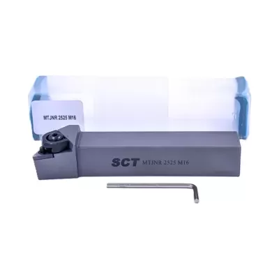Ferramenta de corte metálica cinza escuro SCT MTJNR 2525 M16 com chave hexagonal e embalagem plástica.