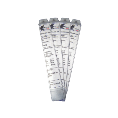 Quatro embalagens brancas de eletrodos de soldadura IDEALSER 308L com etiquetas contendo especificações e códigos