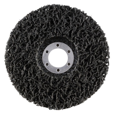 Disco abrasivo preto circular com centro metálico prateado e seis furos