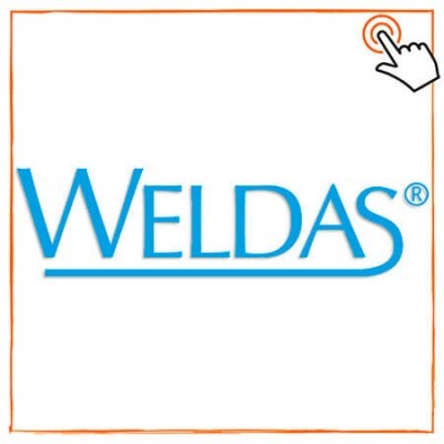 Logótipo WELDAS® em azul sobre fundo branco com contorno e ícone laranja