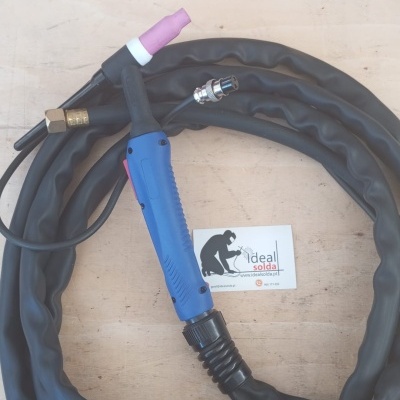Tocha de soldadura com cabo enrolado e cartão de visita da Ideal Solda