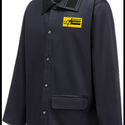 Camisola de trabalho azul escuro com botão e adesivo amarelo National