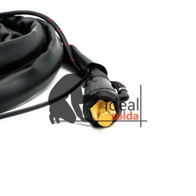 Cabo preto com conector dourado e texto Ideal solda