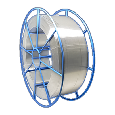 Bobina grande de fita metálica prateada enrolada num carretel azul