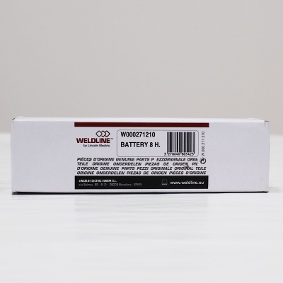 Embalagem branca retangular com etiqueta identificativa central WELDLINE BATTERY 8 H