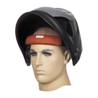 Visor de soldadura preto com aba ampla numa cabeça de manequim com faixa castanho alaranjada na testa