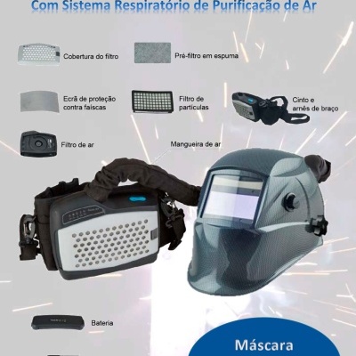 Máscara PAPR DUAL AIR com acessórios e componentes destacados