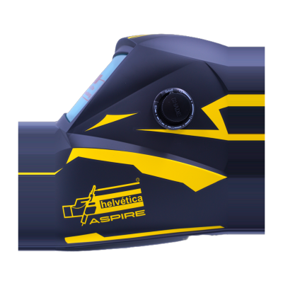 Máscara de solda preta com detalhes amarelos e azuis e textos helvética ASPIRE e SUMMIT