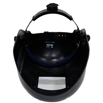 Máscara de soldadura preta com visor transparente e tira ajustável para a cabeça