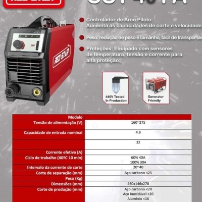 Equipamento RED STAR CUT 40 PA com tabela técnica e ícones informativos
