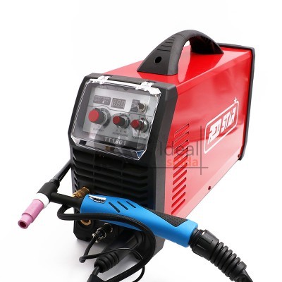 Máquina de soldar elétrica vermelha e preta com cabos e pistola de soldagem azul