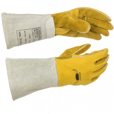 Par de luvas de trabalho amarelas e cinza com punhos compridos em couro.