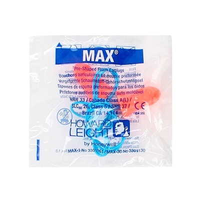 Protótipos auditivos MAX de espuma pré-moldados, cor laranja com haste azul em embalagem plástica transparente