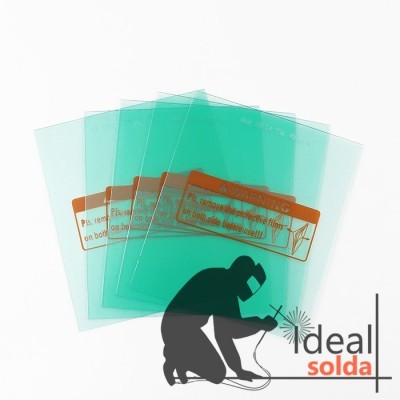 Películas protetoras verdes com etiqueta laranja e ilustração de pessoa soldando