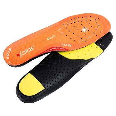 Palmilhas para calçado coloridas laranja, preta e amarela com texto impresso