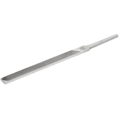 Lima de metal fina prateada com cabo quadrado e superfície rugosa