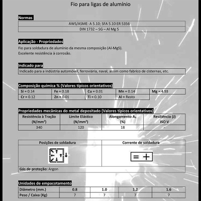 Etiqueta técnica de fio para ligas de alumínio com especificações de composição, propriedades mecânicas e instruções de soldadura