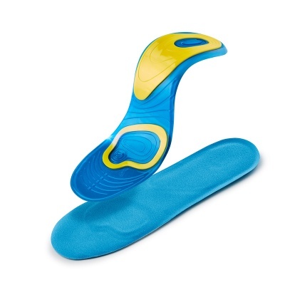 Palmilhas ortopédicas azuis e amarelas em fundo branco
